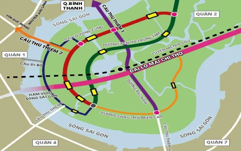 Sơ đồ tuyến Metro số 1 + phối cảnh Cầu Thủ Thiêm 2