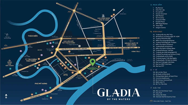 Vị trí nhà mẫu GLadia By The Waters phân khu The Posh