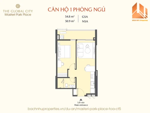 Mặt bằng căn hộ 1 Phòng Ngủ Masteri Park Place CT5