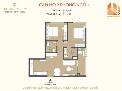 Mặt bằng căn hộ 2 Phòng Ngủ + Masteri Park Place CT5