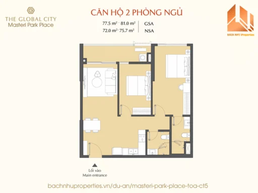 Mặt bằng căn hộ 2 Phòng Ngủ Masteri Park Place CT5