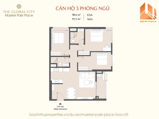 Mặt bằng căn hộ 3 Phòng Ngủ Masteri Park Place CT5