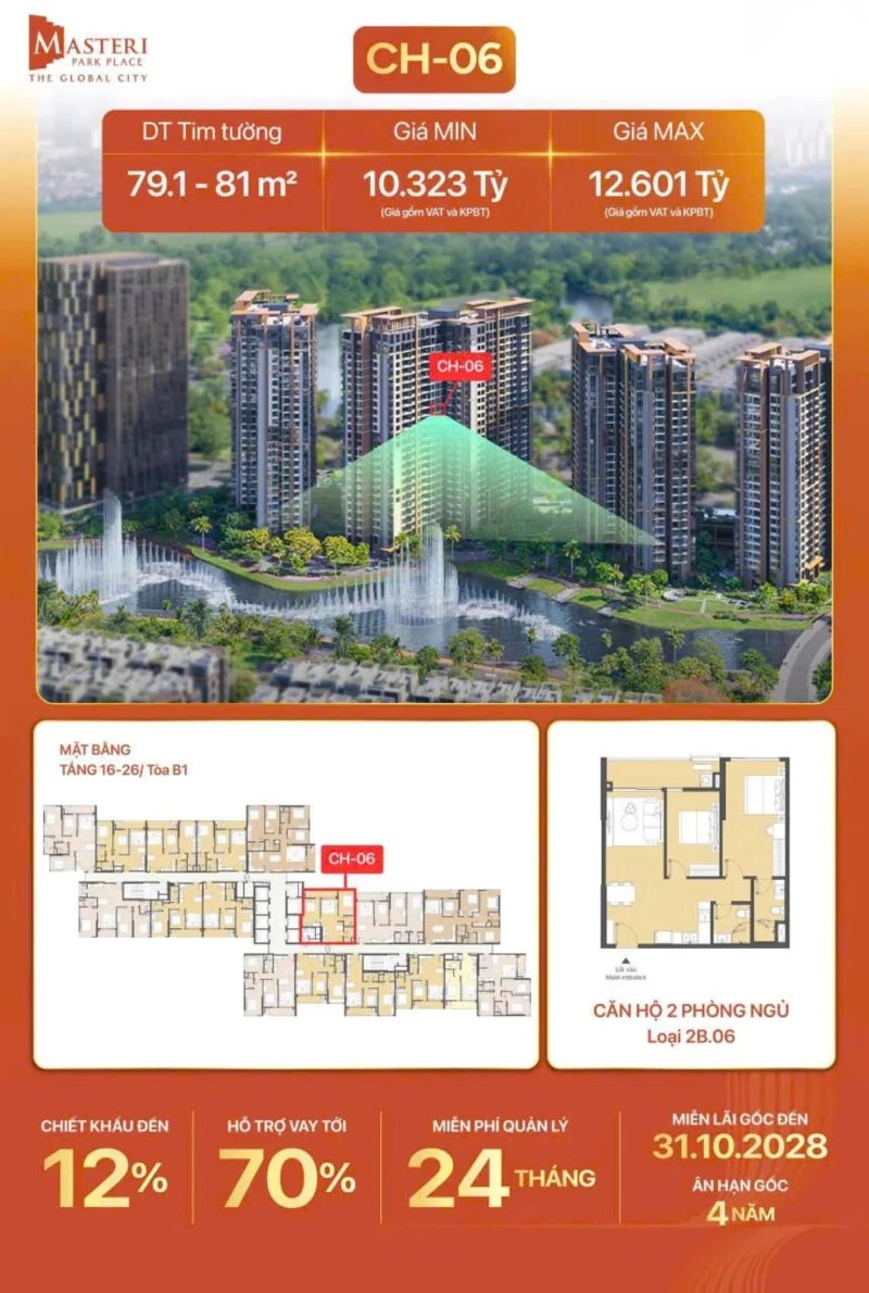 mặt bằng Masteri Park Place tầng 16 - 26 tòa B1 CH-06