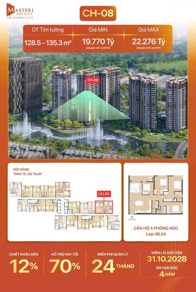 mặt bằng Masteri Park Place tầng 16 - 26 tòa B1 CH-08