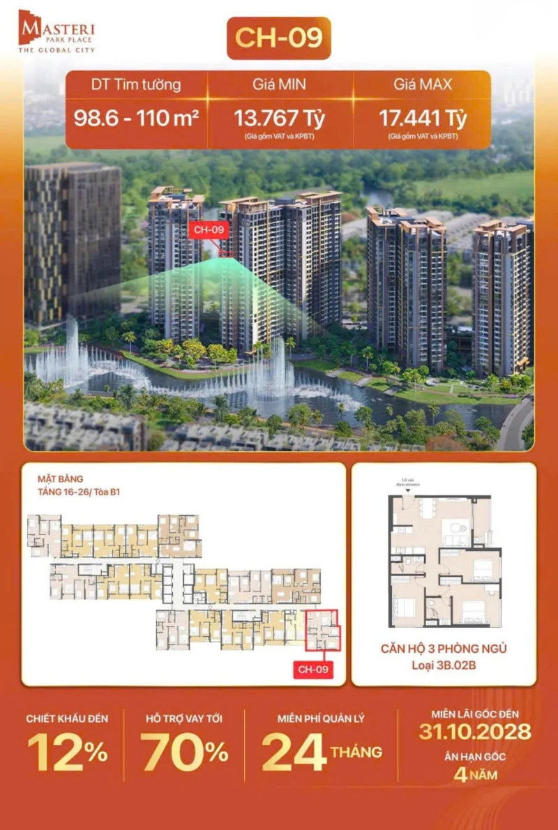 mặt bằng Masteri Park Place tầng 16 - 26 tòa B1 CH-09