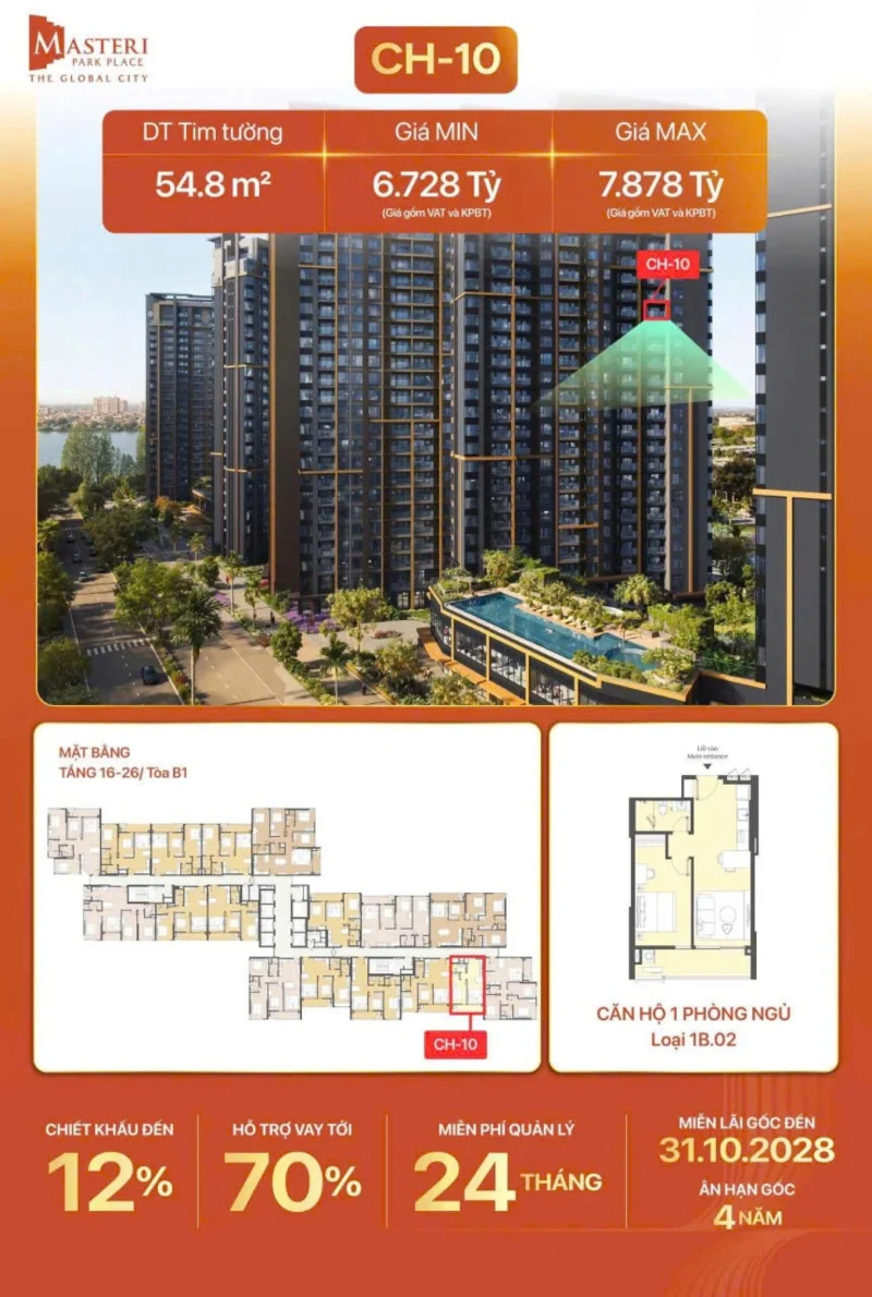 mặt bằng Masteri Park Place tầng 16 - 26 tòa B1 CH-10