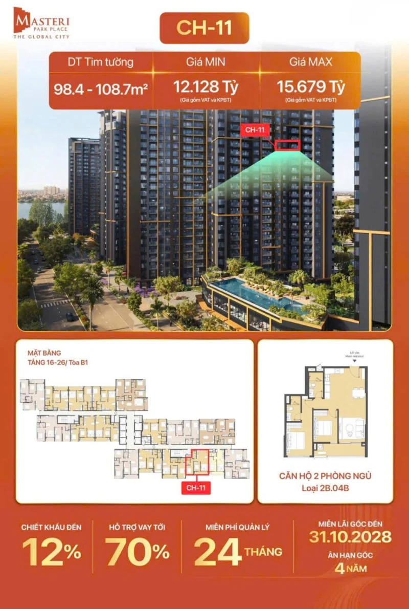 mặt bằng Masteri Park Place tầng 16 - 26 tòa B1 CH-11