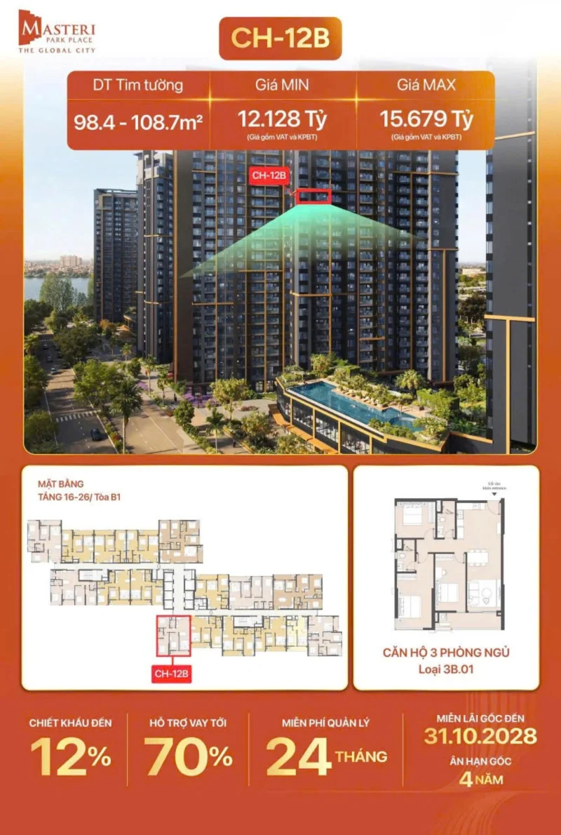 mặt bằng Masteri Park Place tầng 16 - 26 tòa B1 CH-12B