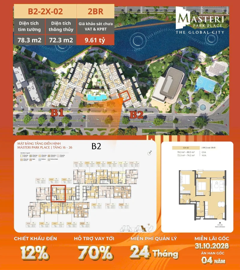 Chi tiết mặt bằng Masteri Park Place tầng 16-26 tòa B2 2x-02