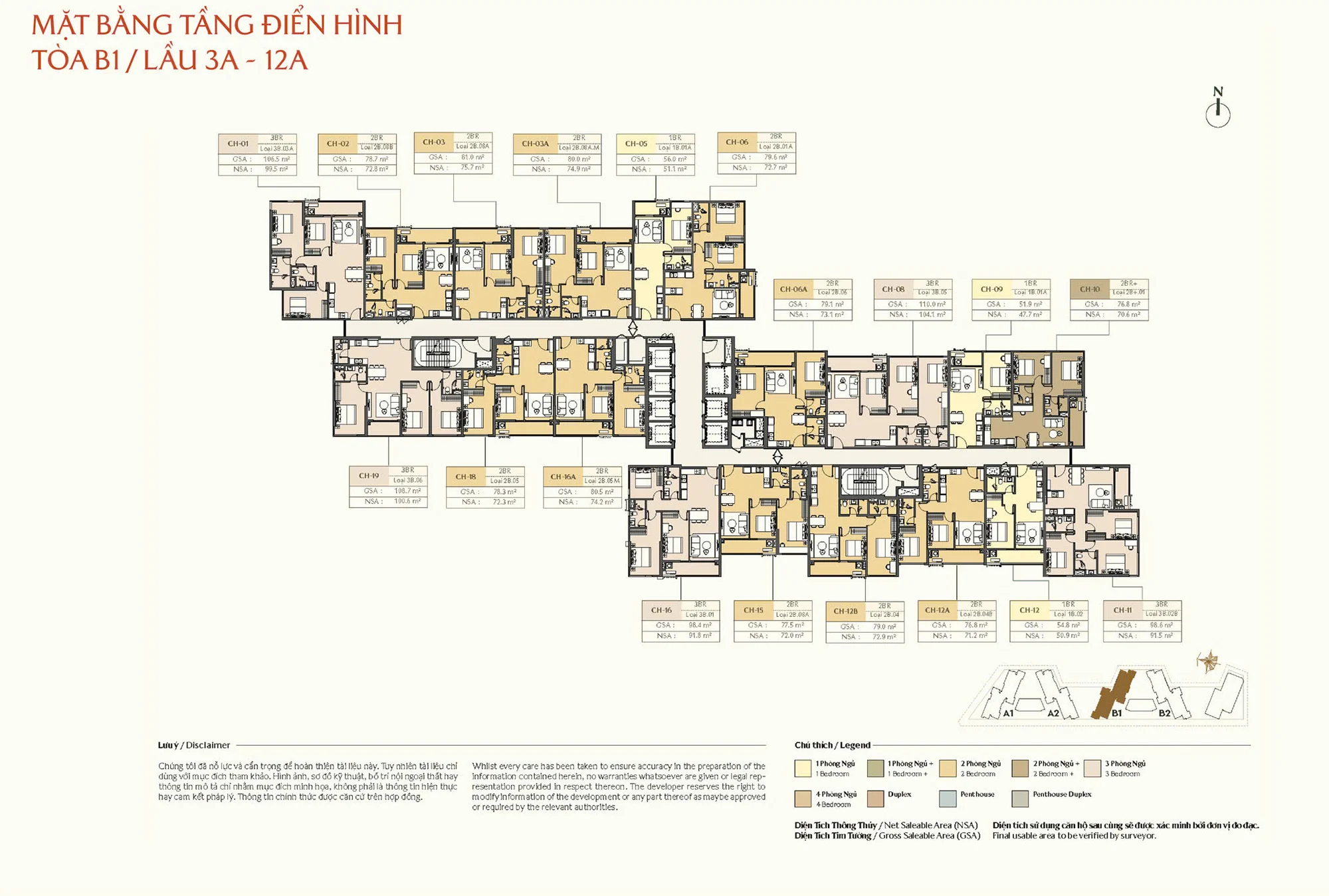 Mặt bằng tầng đển hình Masteri Park Place CT5: Tòa B1/Lầu 3A - 12A