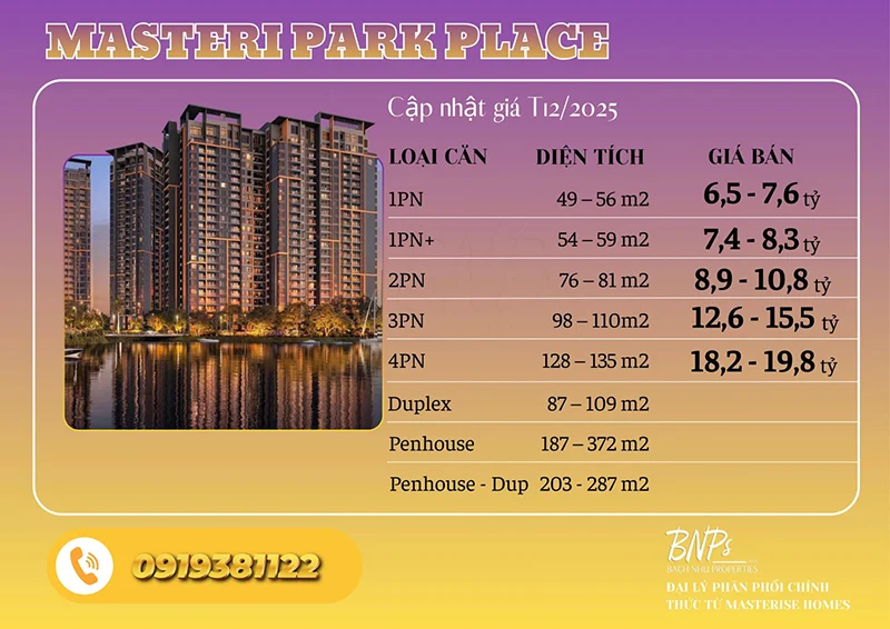 Giá Masteri Park Place T122/025 Bảng giá mới nhất - Bách Như Properties