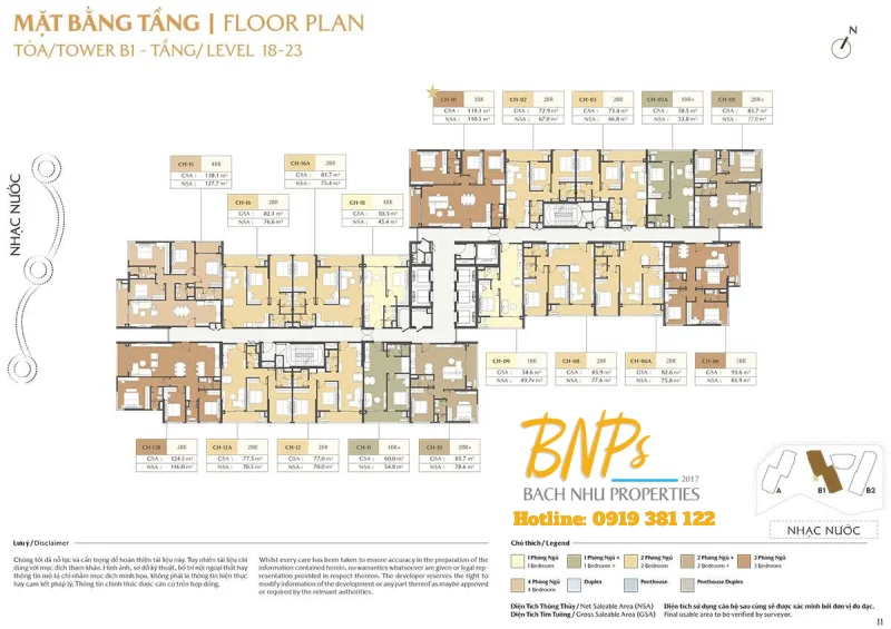 Mặt bằng tầng 18 - 23 CT3 The Global City Tòa B1 - Bách Như Properties - BNPs