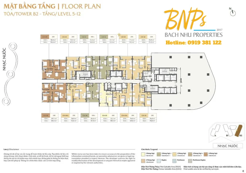 Mặt bằng tầng 5 - 12 CT3 The Global City Tòa B2 - Bách Như Properties - BNPs