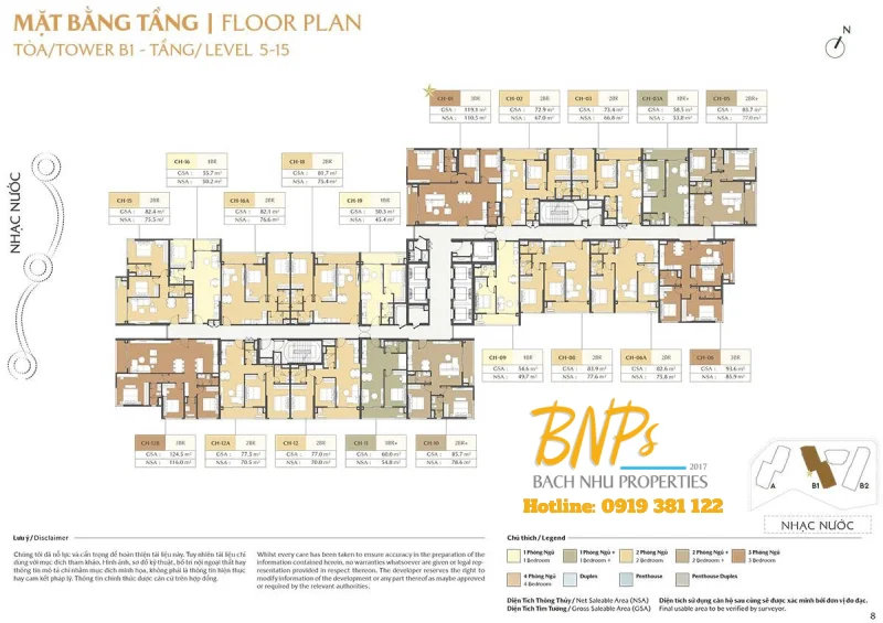 Mặt bằng tầng 5 -15 CT3 The Global City Tòa B1 - Bách Như Properties - BNPs