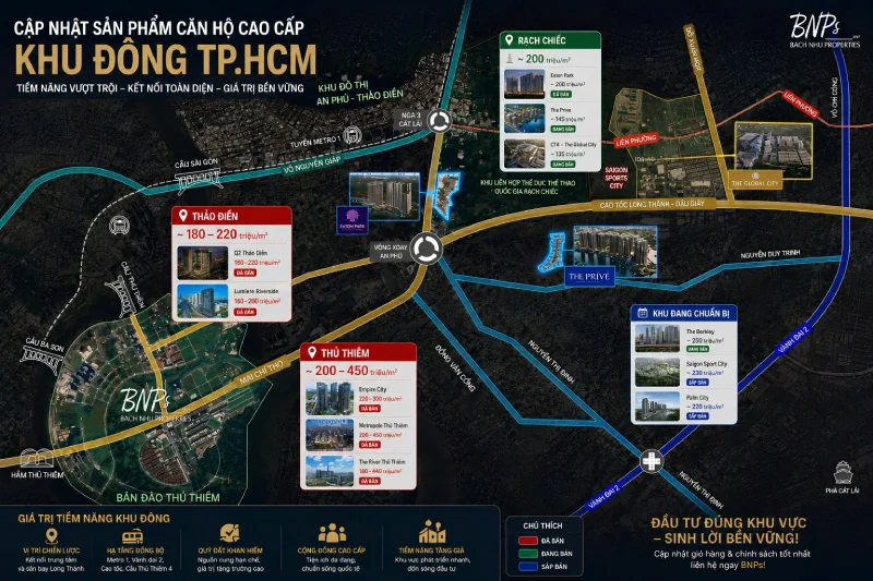 Bản đồ cập nhật sơ bộ giá căn hộ tại các phân khu trọng điểm khu Đông TP.HCM năm 2026 - Bách Như Properties - BNPs