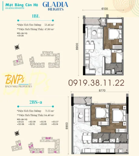 Hình ảnh mặt bằng căn hộ 1 Phòng ngủ Gladia Heights Khang Điền