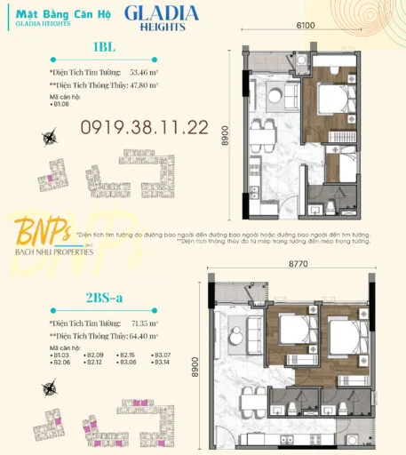 Hình ảnh mặt bằng căn hộ 2 Phòng ngủ Gladia Heights Khang Điền