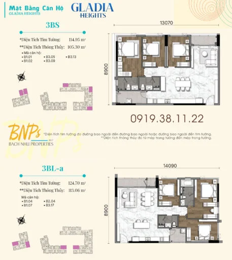 Hình ảnh mặt bằng căn hộ 3 Phòng ngủ Gladia Heights Khang Điền