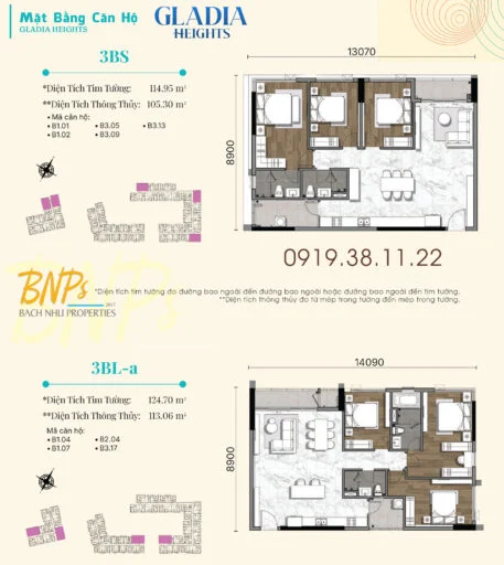 Hình ảnh mặt bằng căn hộ 3 Phòng ngủ Gladia Heights Khang Điền