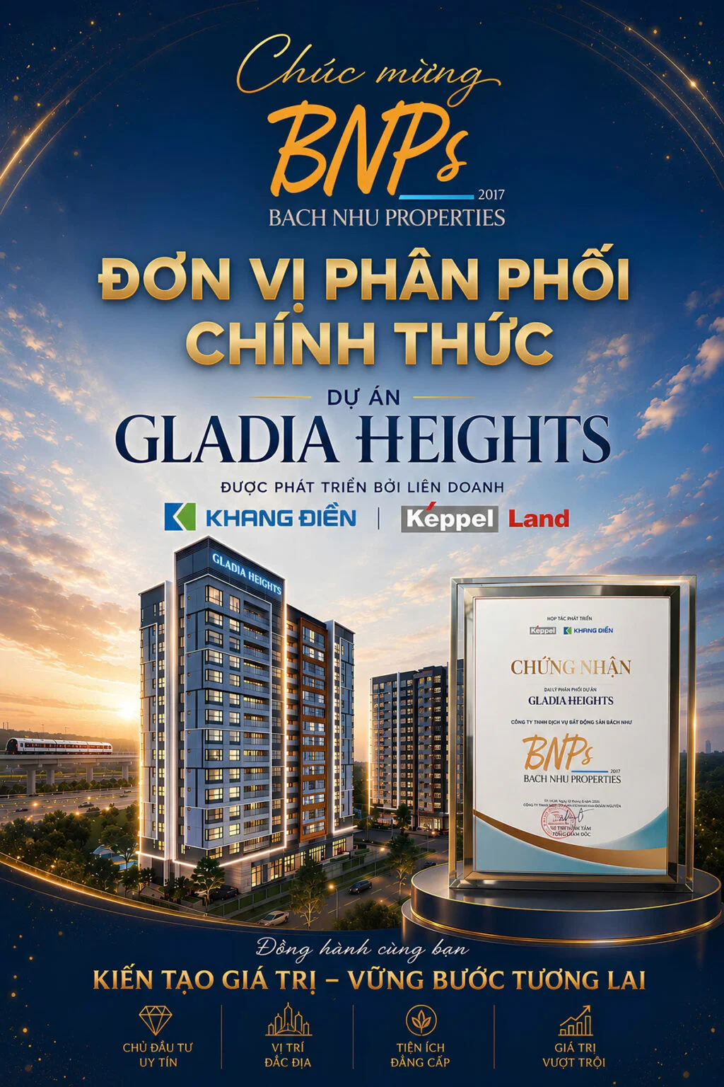 Chứng nhận Bách Như Properties là đơn vị phân phối F1 Gladia Heights Khang Điền