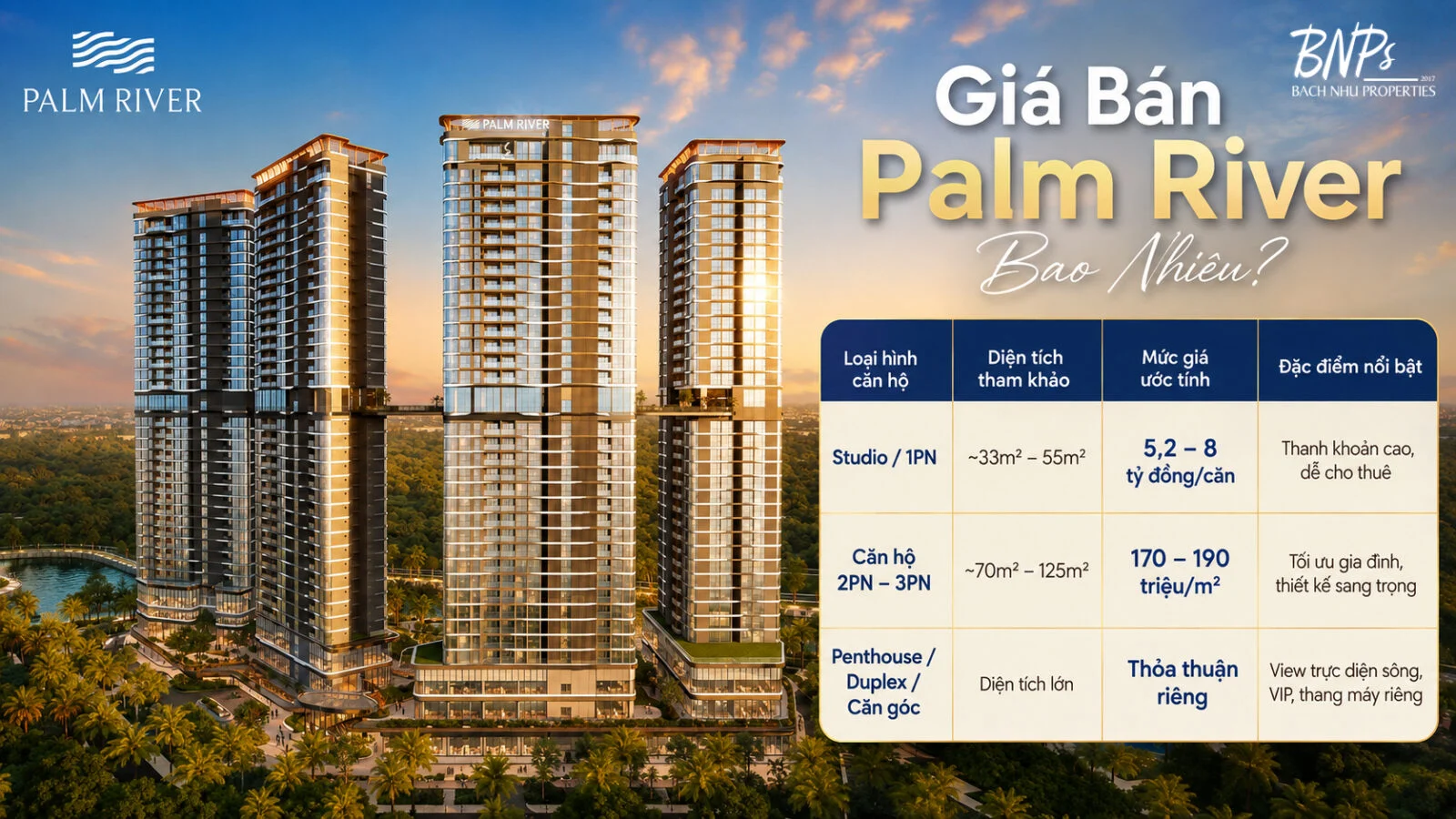 Bảng Giá Chi Tiết: Giá Bán Palm River Bao Nhiêu Theo Từng Loại Hình Căn Hộ? - Bách Như Properties - BNPs