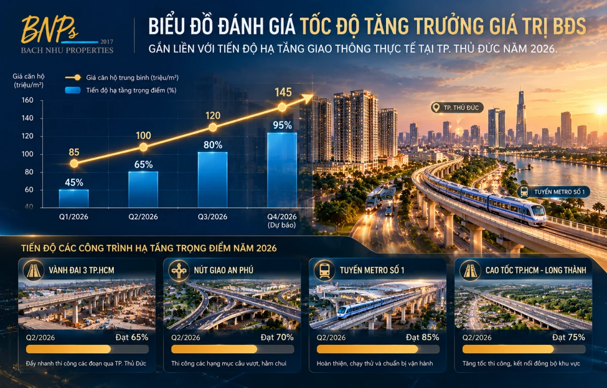 Đánh giá tốc độ tăng trưởng giá trị BĐS gắn liền với tiến độ hạ tầng giao thông thực tế tại TP. Thủ Đức năm 2026