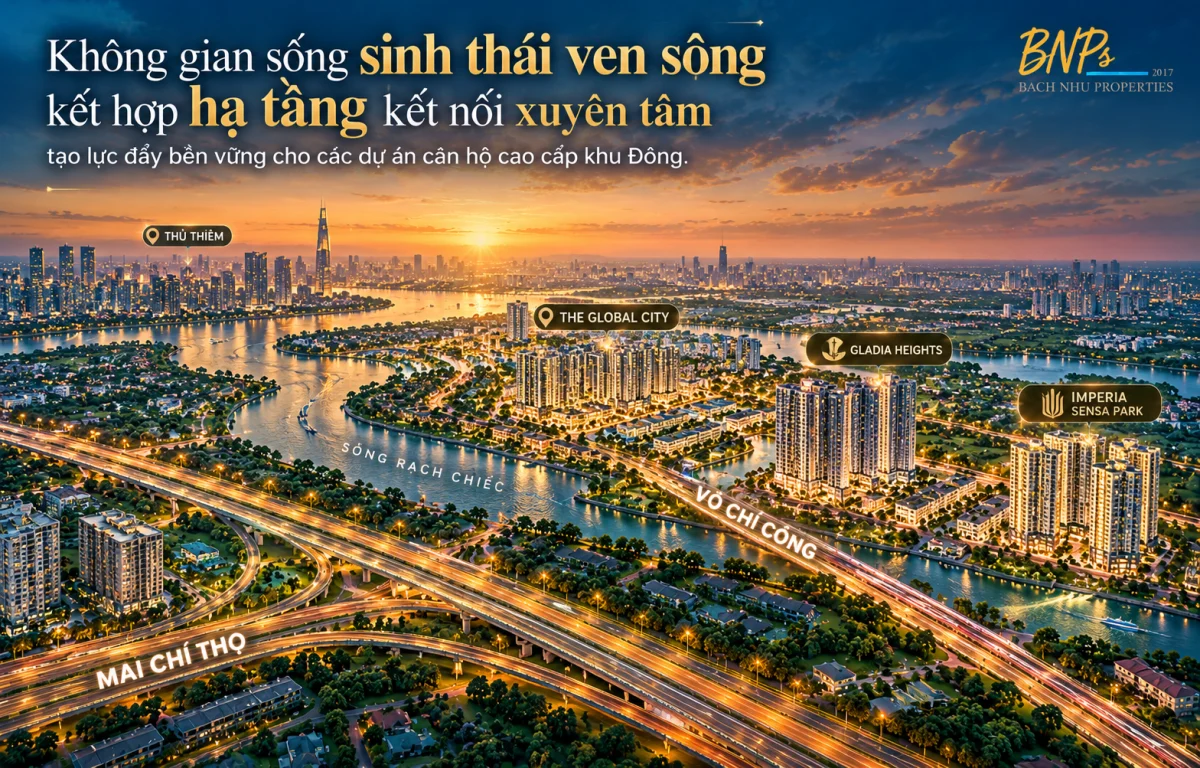 Không gian sống sinh thái ven sông kết hợp hạ tầng kết nối xuyên tâm tạo lực đẩy bền vững cho các dự án căn hộ cao cấp khu Đông.